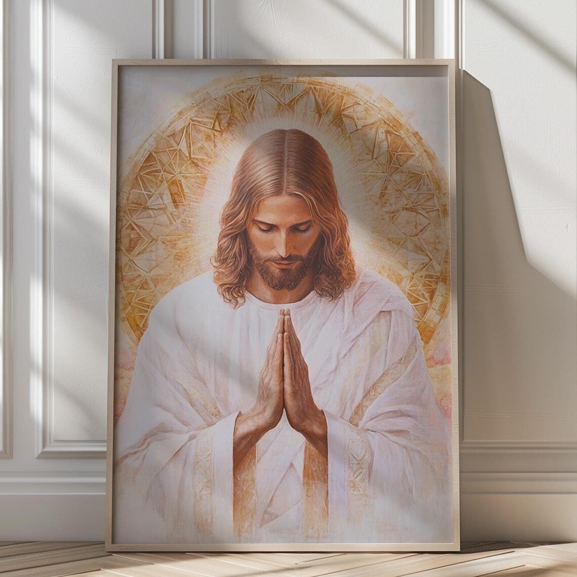 Jesus in Prayer Before a Golden Sacred Geometry Halo Art Poster