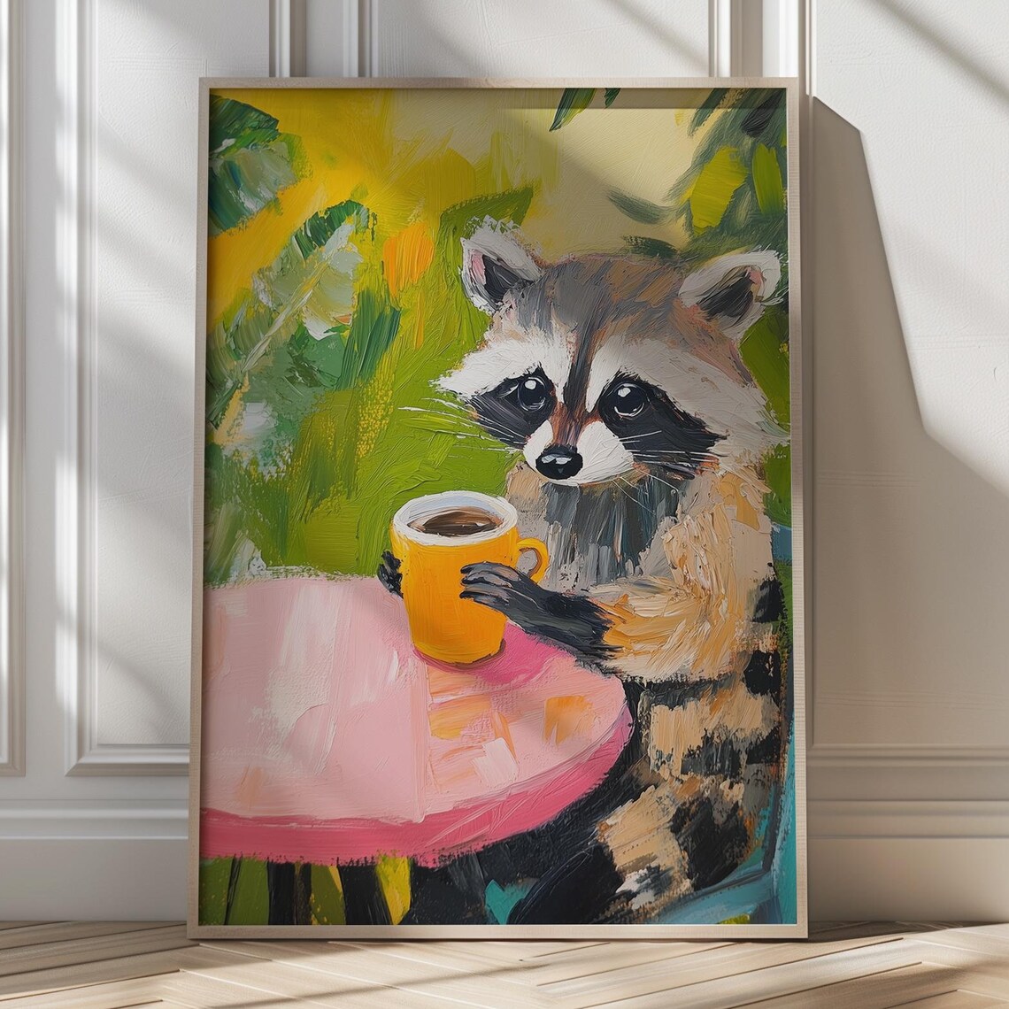 Cute Raccoon Holding Coffee Mug Playful Morning Animal Poster