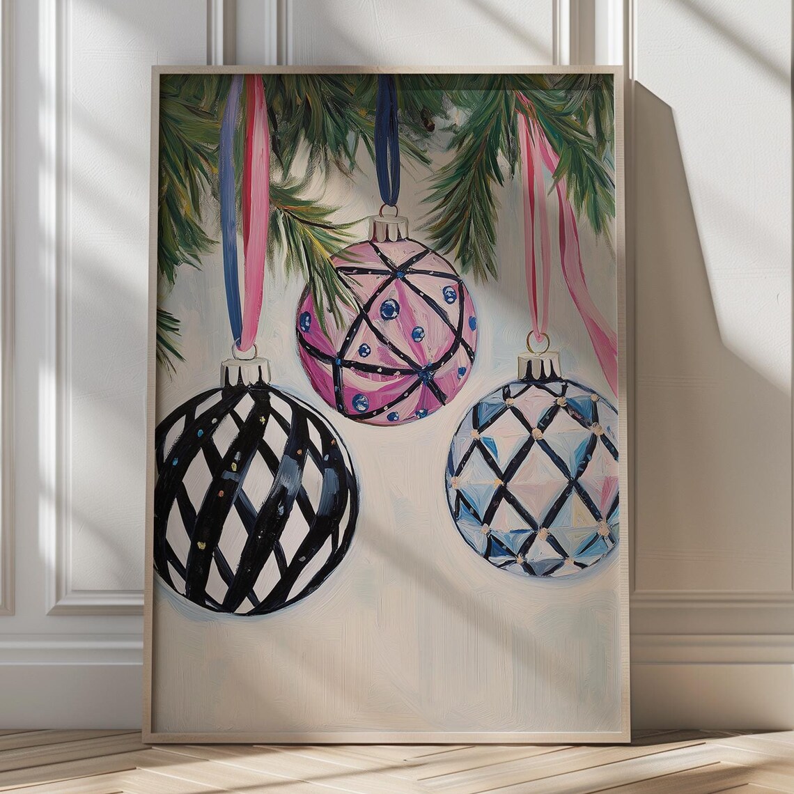 Colorful Pink Black And Blue Baubles With Ribbon Holiday Poster