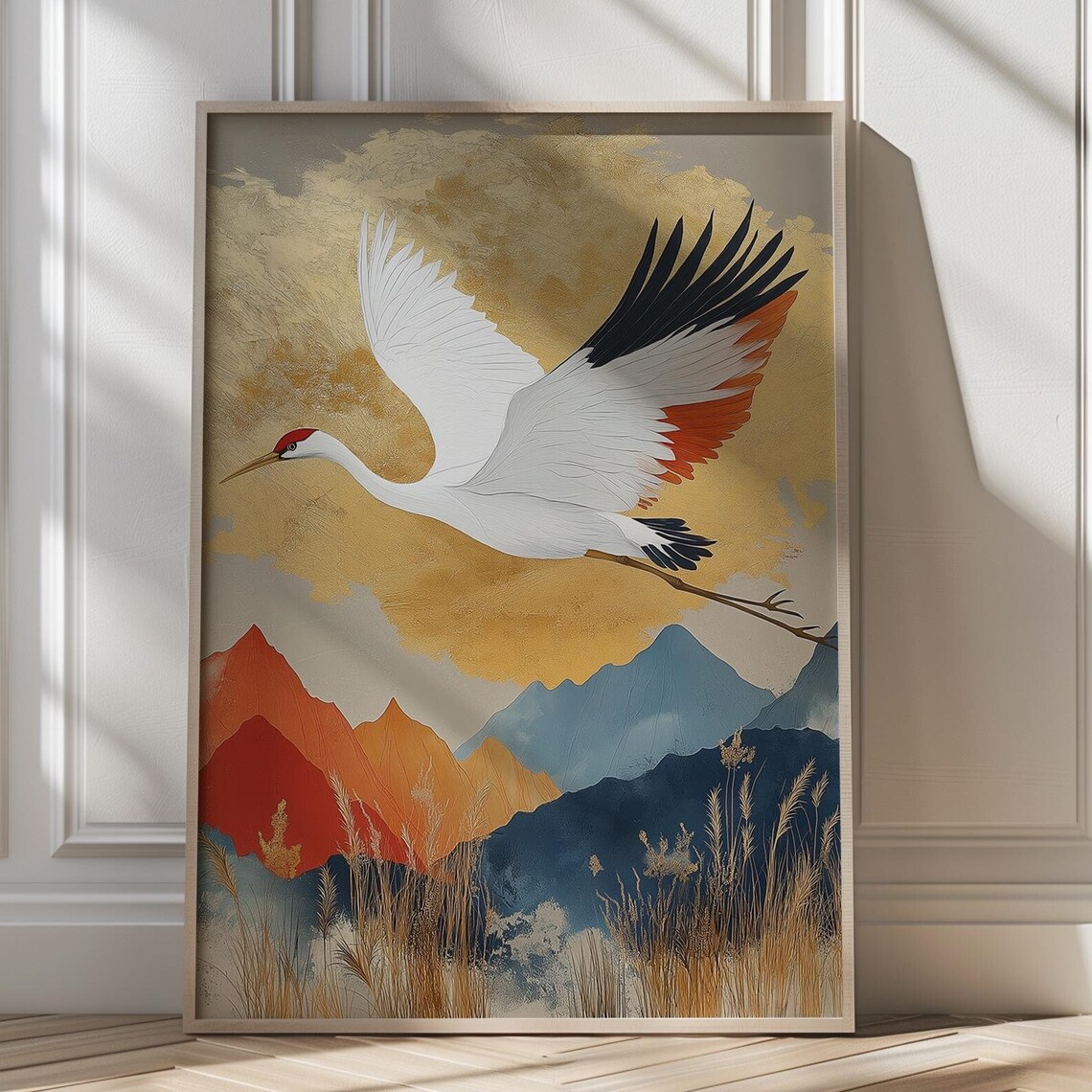 White Crane in Flight Over Golden Mountains Japanese Style Art Poster