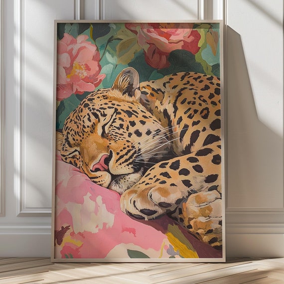 Sleeping Leopard, Maximalist Cat Wall Art Print