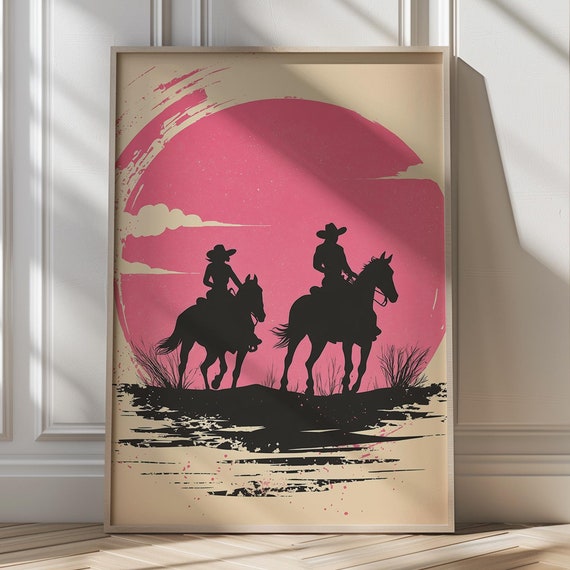 Western Cowboy Art Print Pink Sunset Horseback Riders Pink Wall Decor Modern Western Wall Art Western Decor Trendy Decor Retro Cowboy