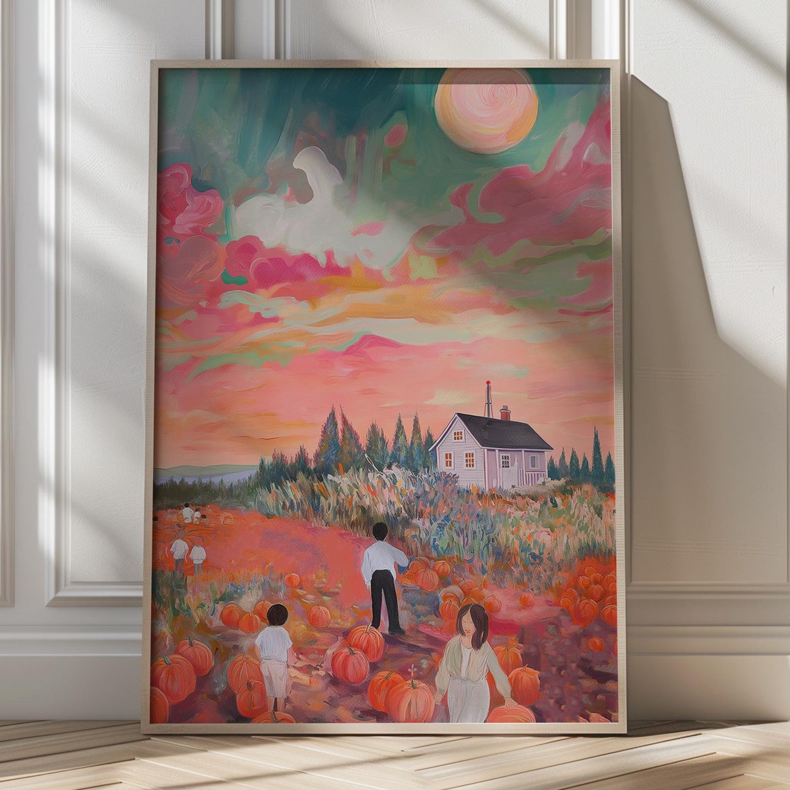 Pumpkin Patch at Sunset Art Poster Fall Harvest Farmhouse Wall Decor