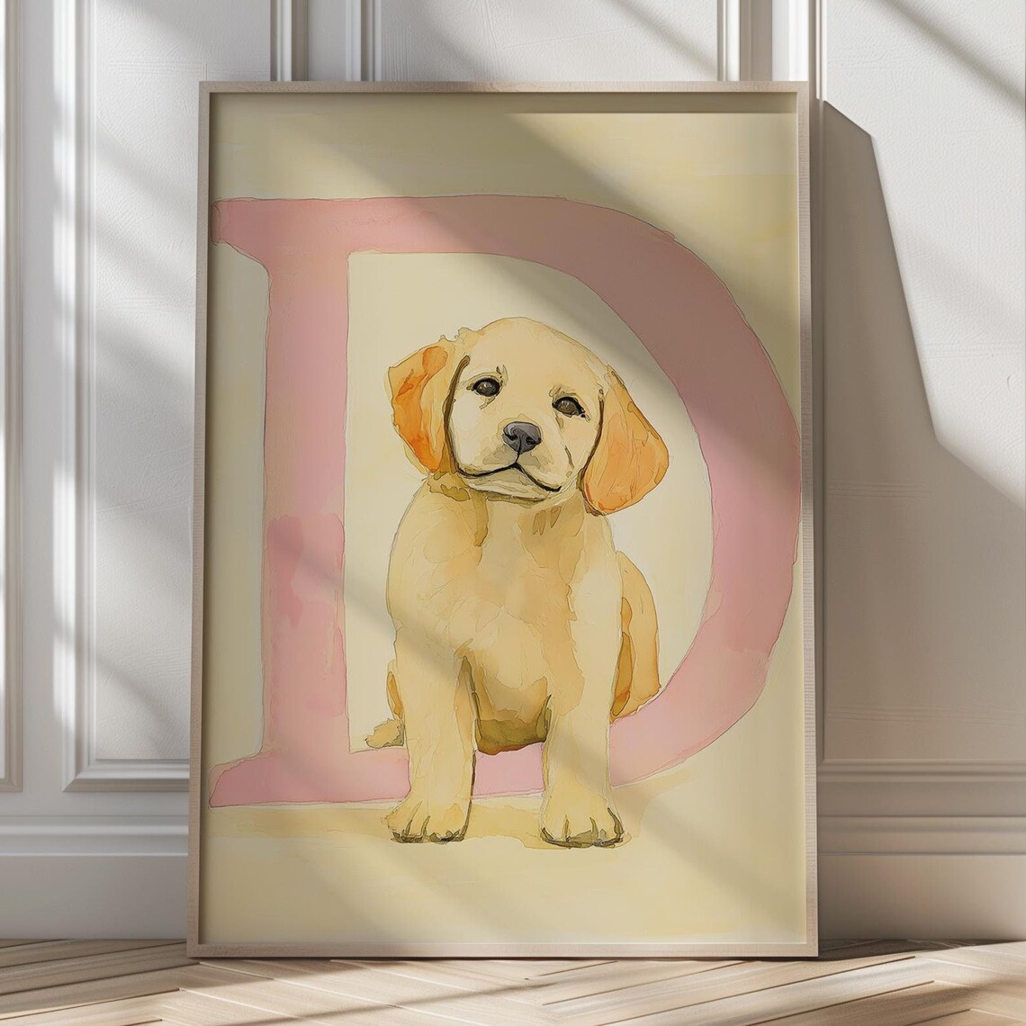 Yellow Labrador Puppy Letter D Nursery Art Poster for Kids Room Decor