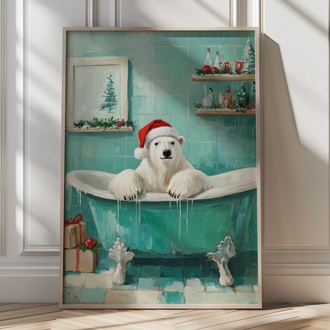 Polar Bear In Santa Hat Soaking In A Vintage Bathtub Christmas Poster
