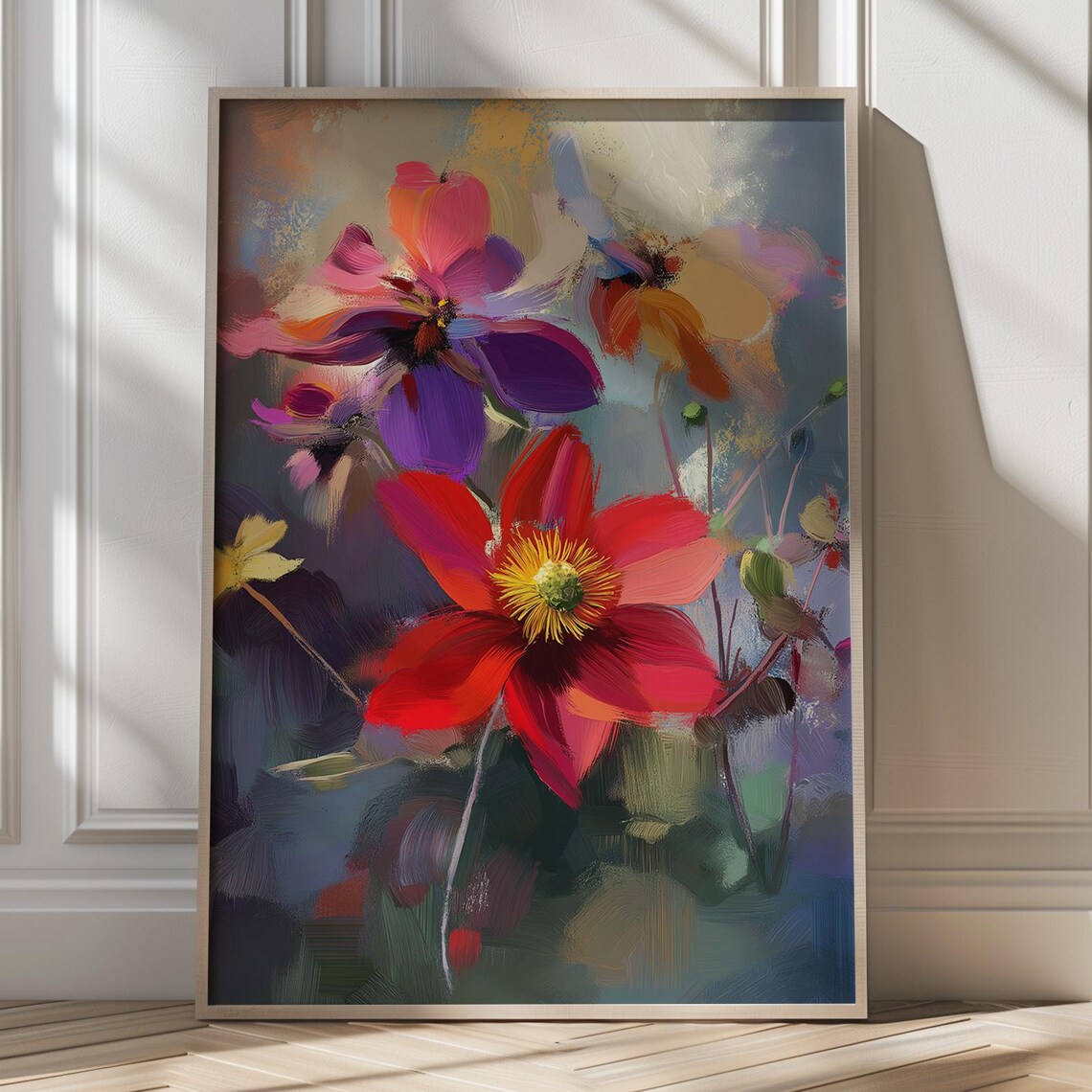 Vibrant Abstract Floral Painting in Purple and Red Garden Poster