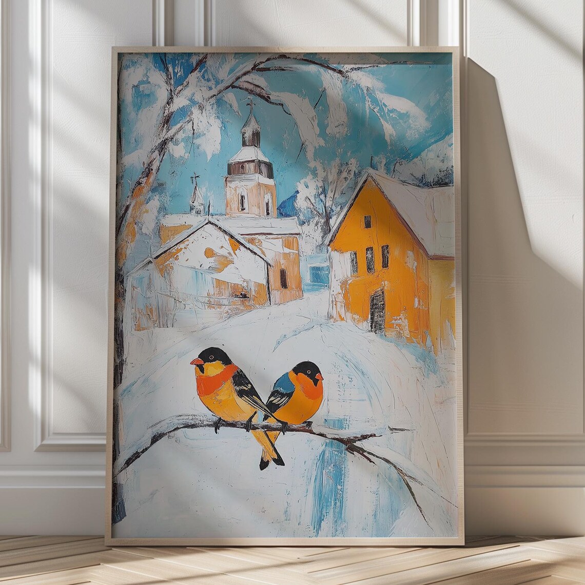 Two Finches On A Snowy Branch By A Village Church Art Poster