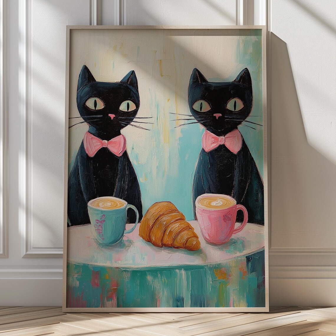 Two Chic Black Cats Enjoying Coffee and Croissant French Cafe Poster