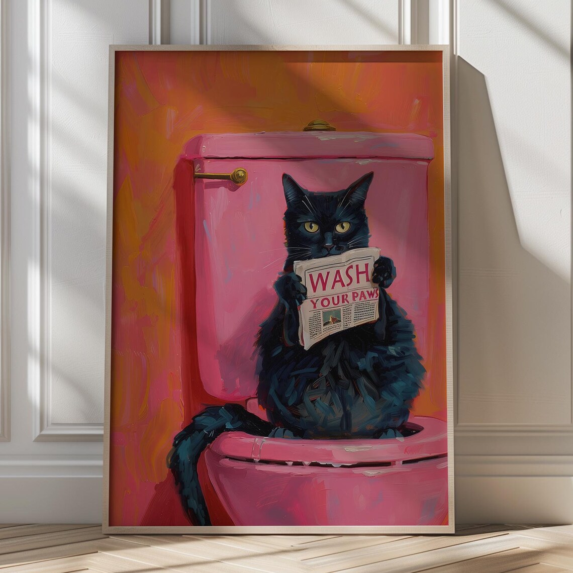 Wash Your Paws Black Cat Bathroom Art Print, Quirky