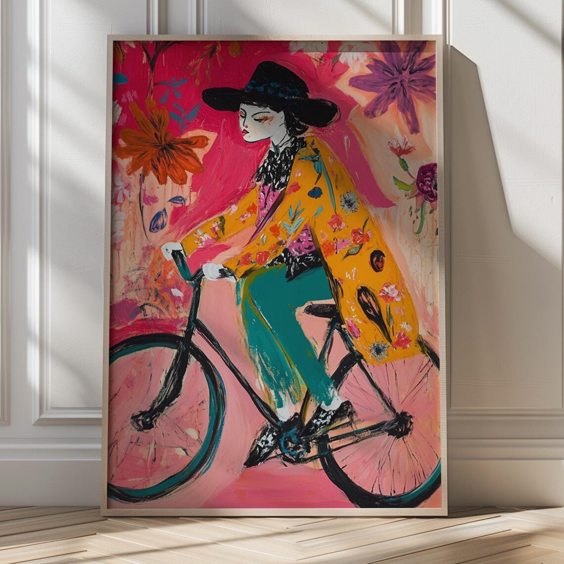 Colorful Woman Cycling Through Giant Flowers Fauvist Art Poster