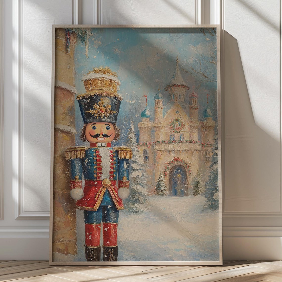 Classic Blue Uniform Nutcracker Guard Before Snowy Castle Poster