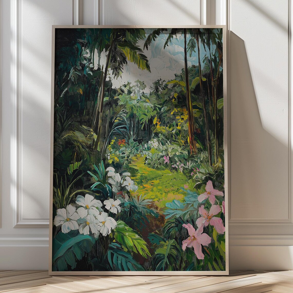 Lush Jungle Garden With White and Pink Tropical Flowers Poster