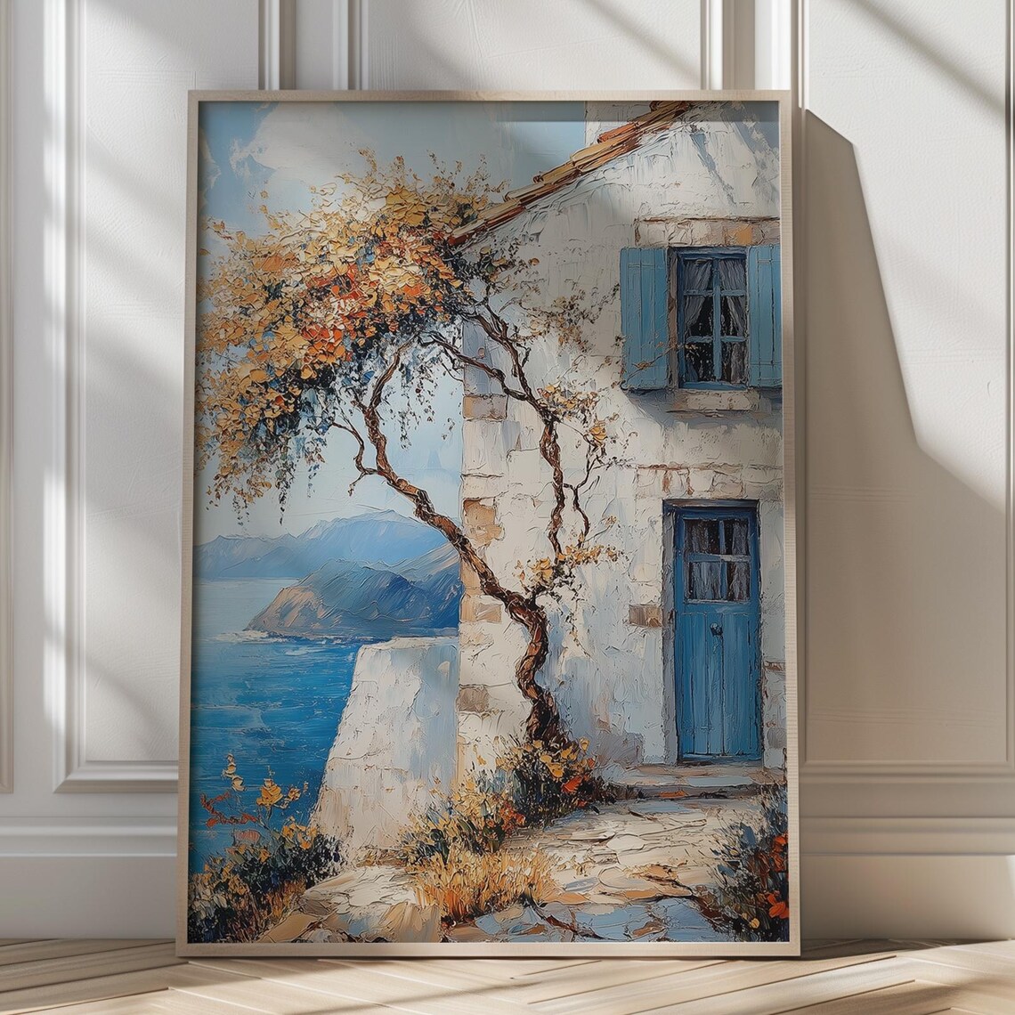 Greek Seaside Village Cottage Blue Door Coastal Travel Poster