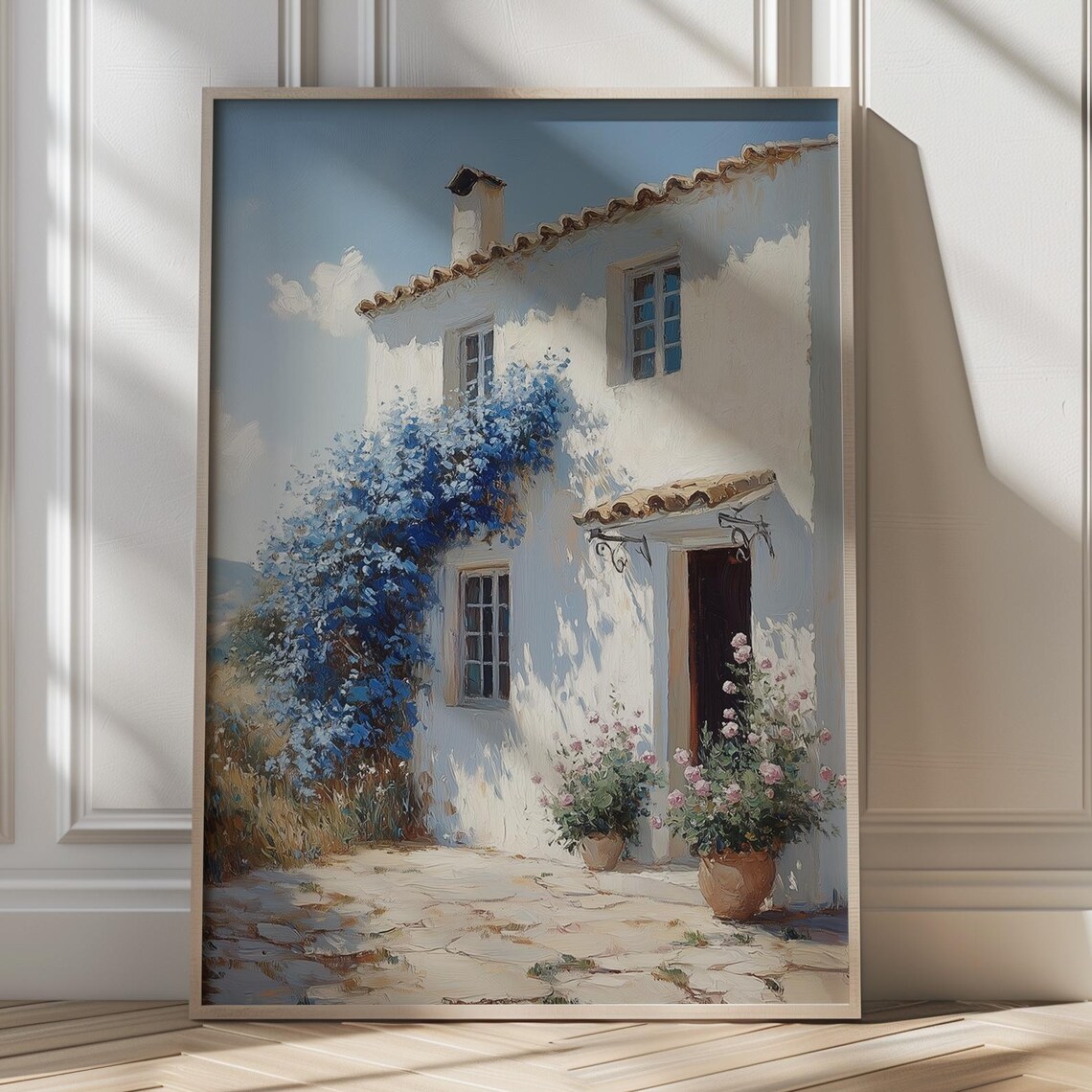 White Mediterranean Cottage with Blue Bougainvillea Sunny Poster
