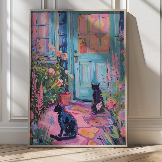 Two Black Cats At A Turquoise Door In A Blooming Pink Flower Garden Poster