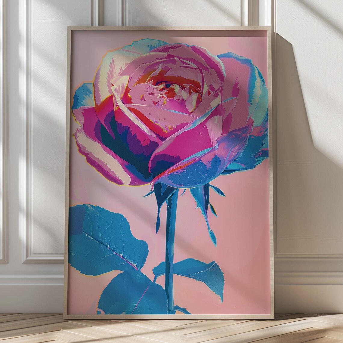 Bold Neon Pink Rose With Electric Blue Leaves Pop Art Botanical Poster