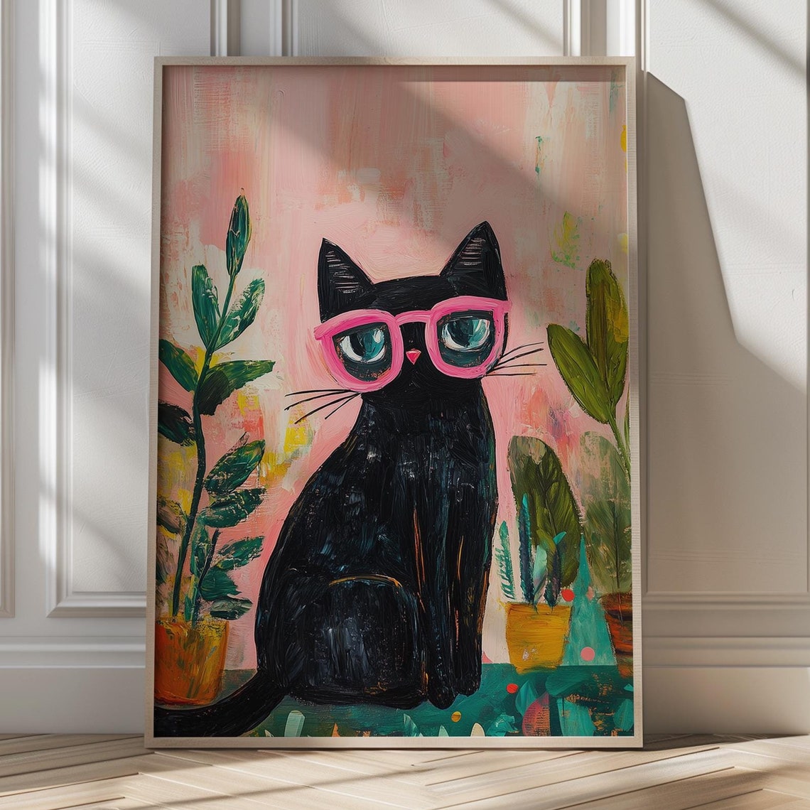 Stylish Black Cat With Pink Glasses Painterly Portrait Poster