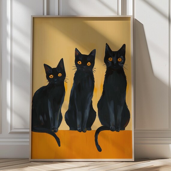 Three Black Cats Mustard Background Whimsical Feline Art Poster