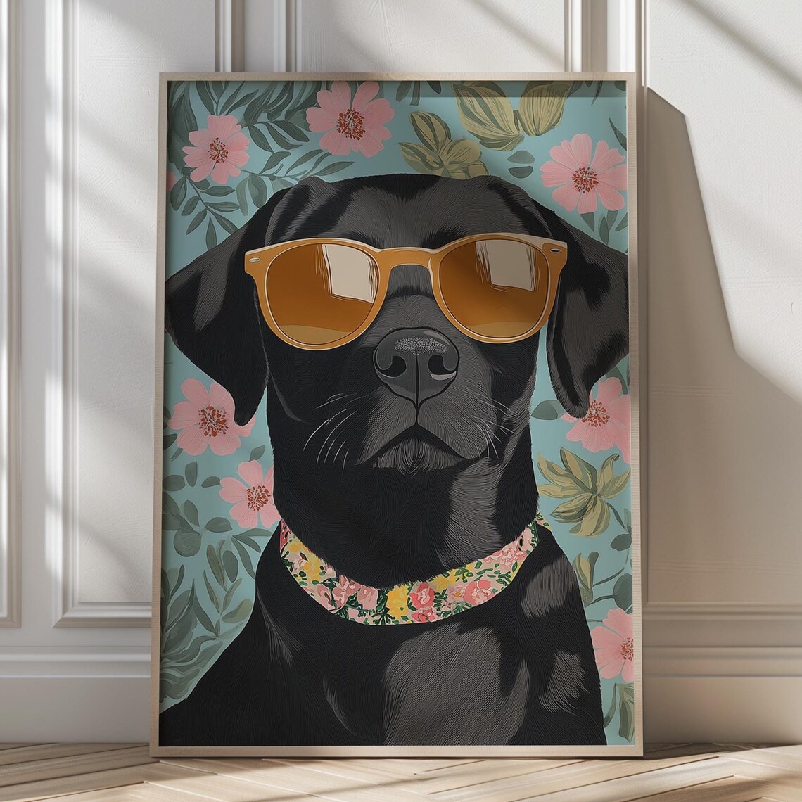 Black Lab Floral Modern Pet Illustration Art Print