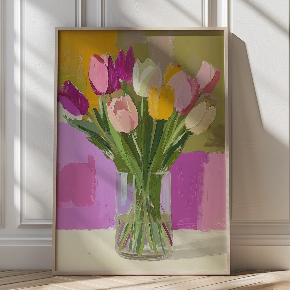 Vibrant Multicolor Tulip Bouquet in Glass Vase Floral Art Poster