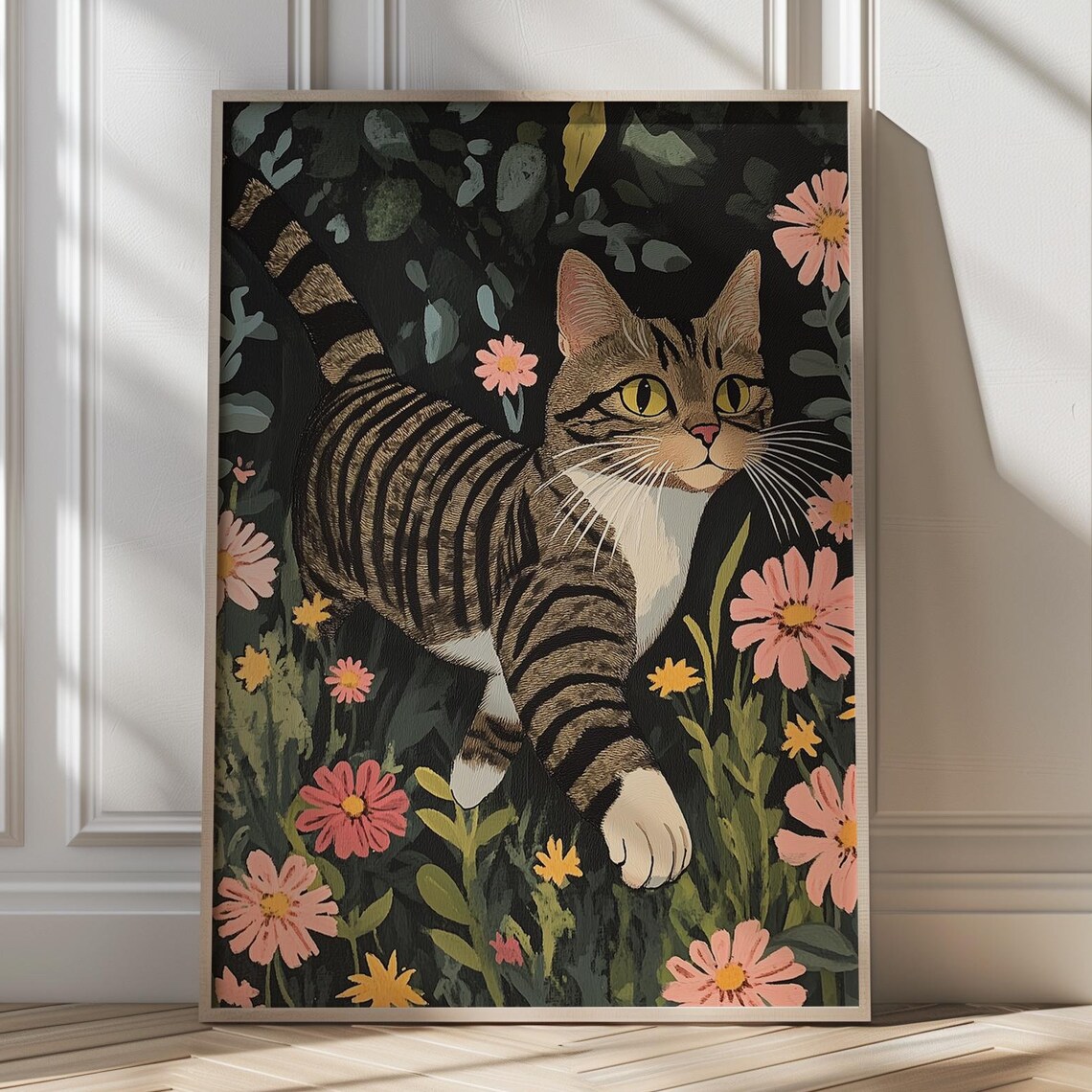 Wide-Eyed Tabby Cat Prowling Among Flowers Botanical Art Poster