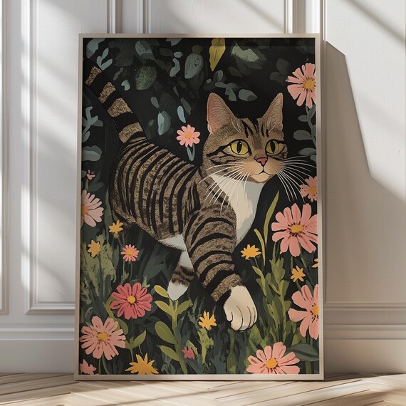 Wide-Eyed Tabby Cat Prowling Among Flowers Botanical Art Poster