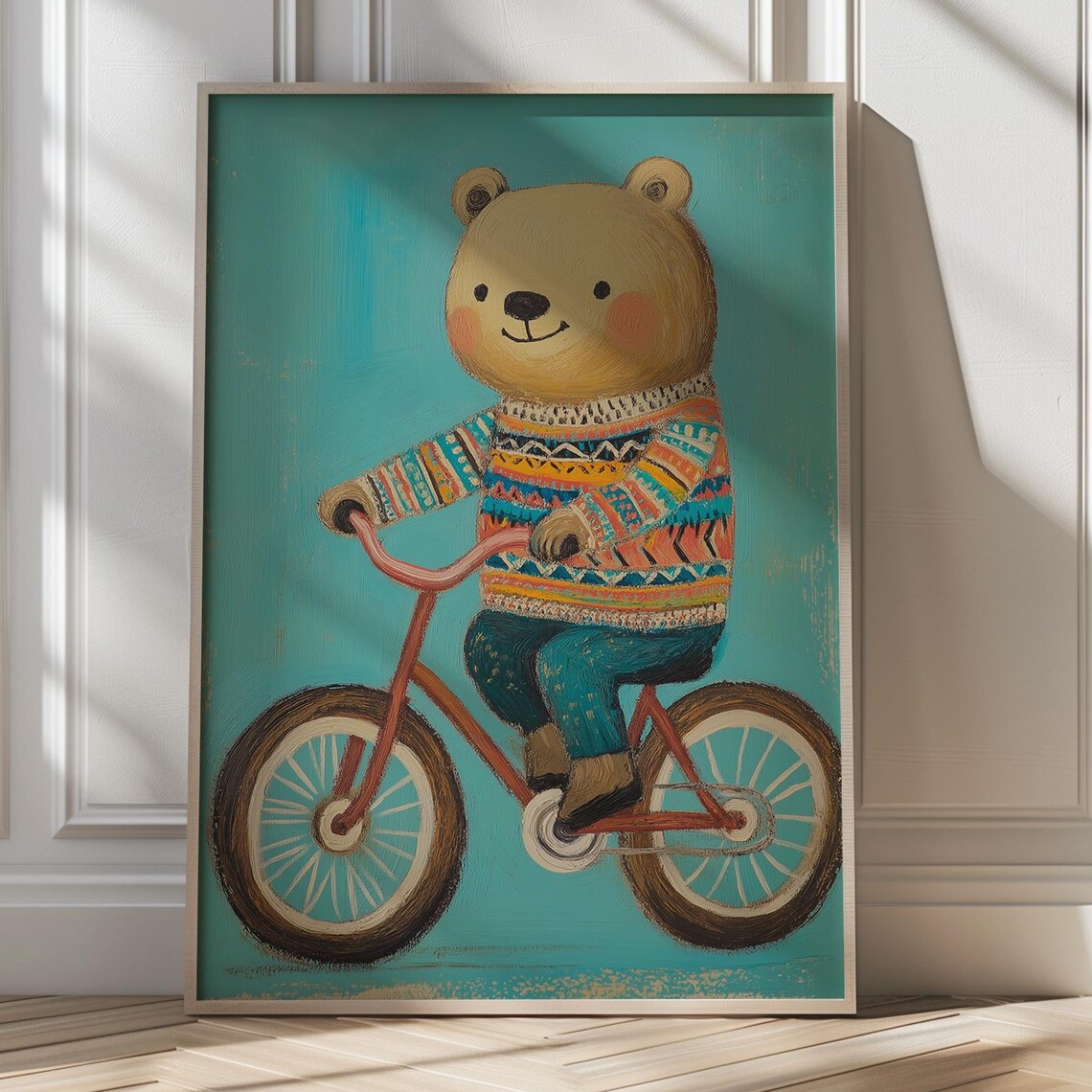Cute Bear in Colorful Sweater Riding a Red Bicycle Nursery Poster