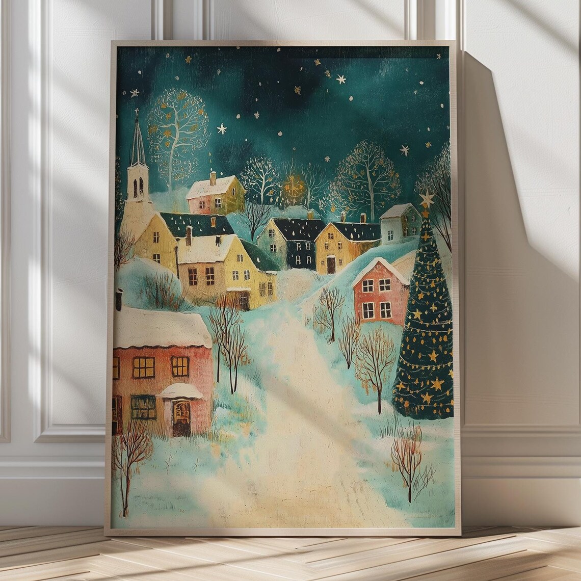 Snowy Christmas Village Under A Starry Night Sky Watercolor Poster