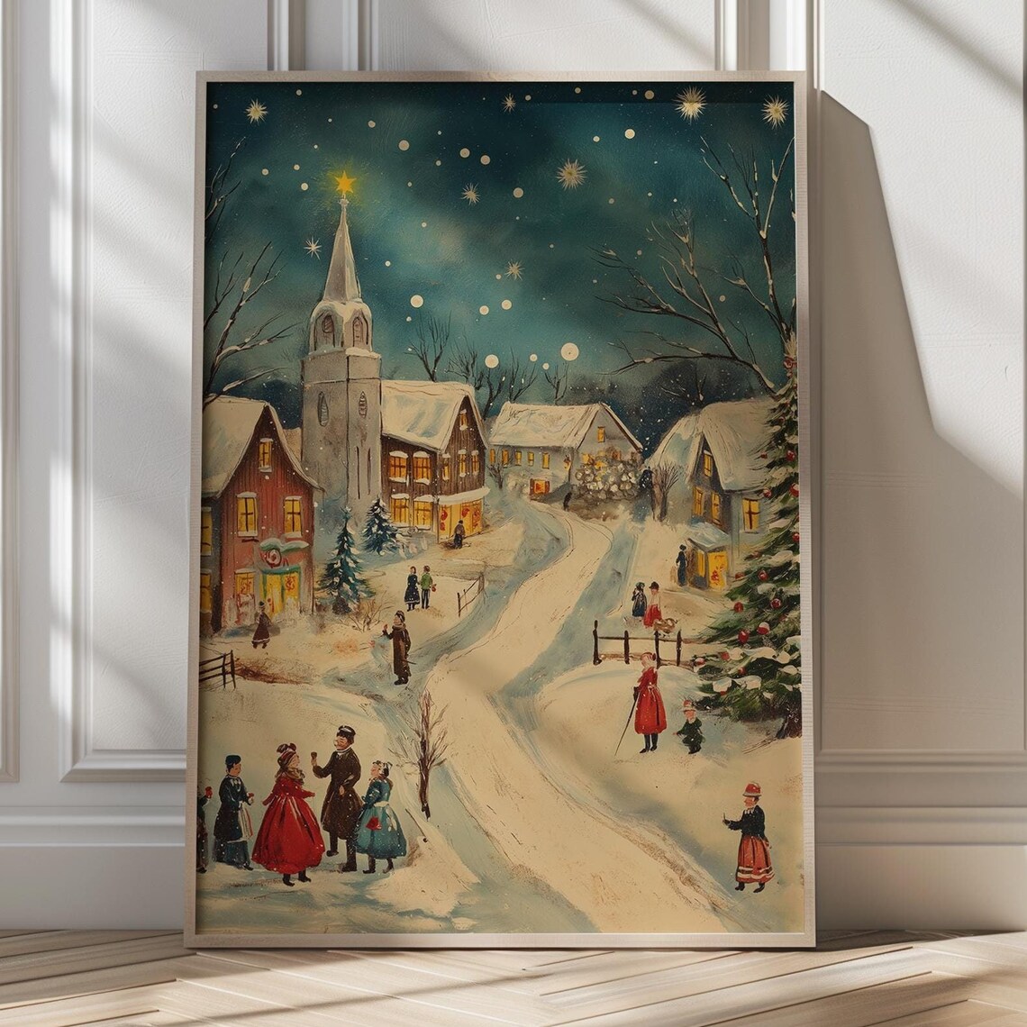 Vintage Christmas Town Delight Snowy Holiday Village Scene Festive Christmas Wall Art For Cozy Seasonal Decor Retro Christmas Gift Card