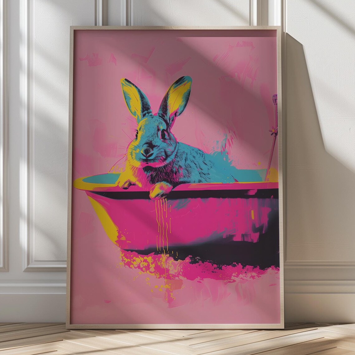 Bright Neon Bunny in Pink Bathtub Vibrant Pop Art Animal Poster