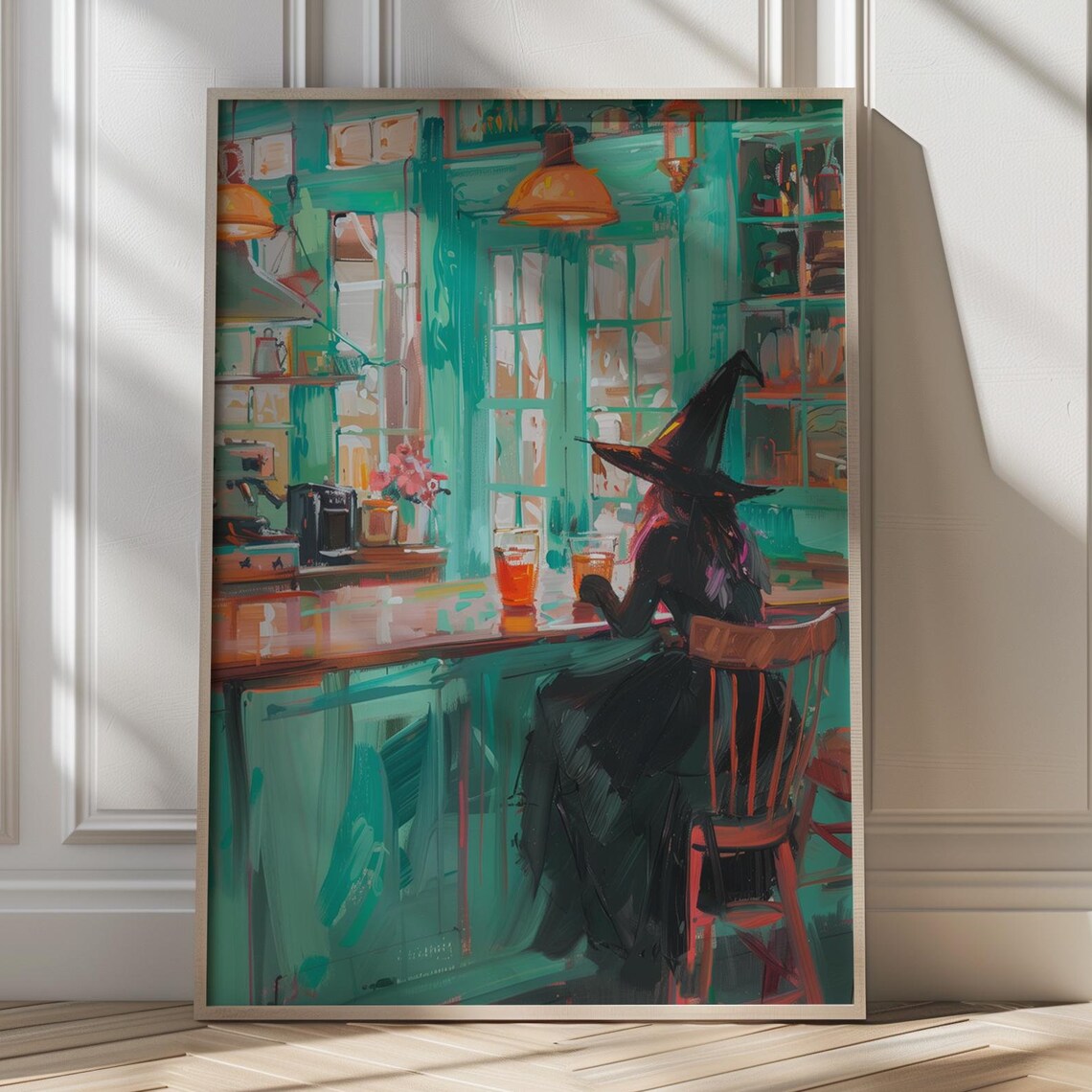 Witch Sipping Coffee At A Teal Cafe Counter Cozy Halloween Kitchen Art Poster