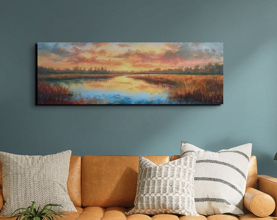 Panoramic Serene Marsh At Sunset Scene Ready To Hang Wall Art Lake Art Tranquil Wall Art Panoramic Art