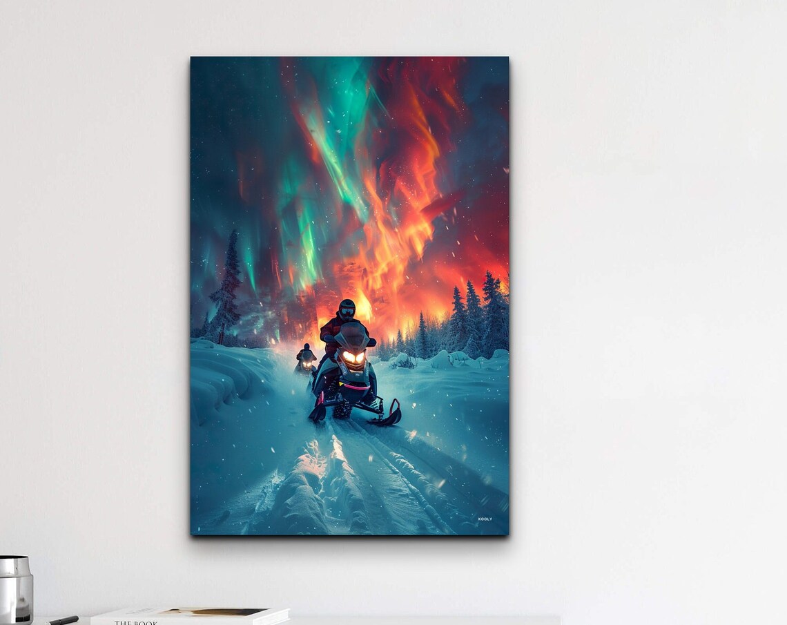 Snowmobile Rider Under Northern Lights Aurora Winter Night Poster