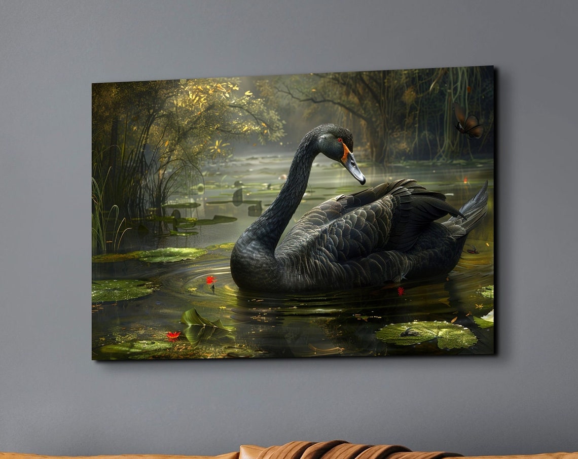 Serene Black Swan Gliding on Lily Pond Green Water Wildlife Poster