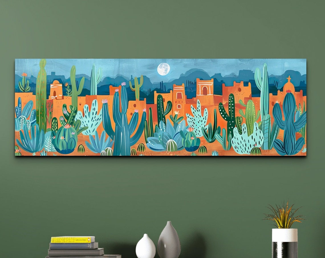 Southwest Desert Pueblo Saguaro Cacti Under Moonlit Folk Art Poster