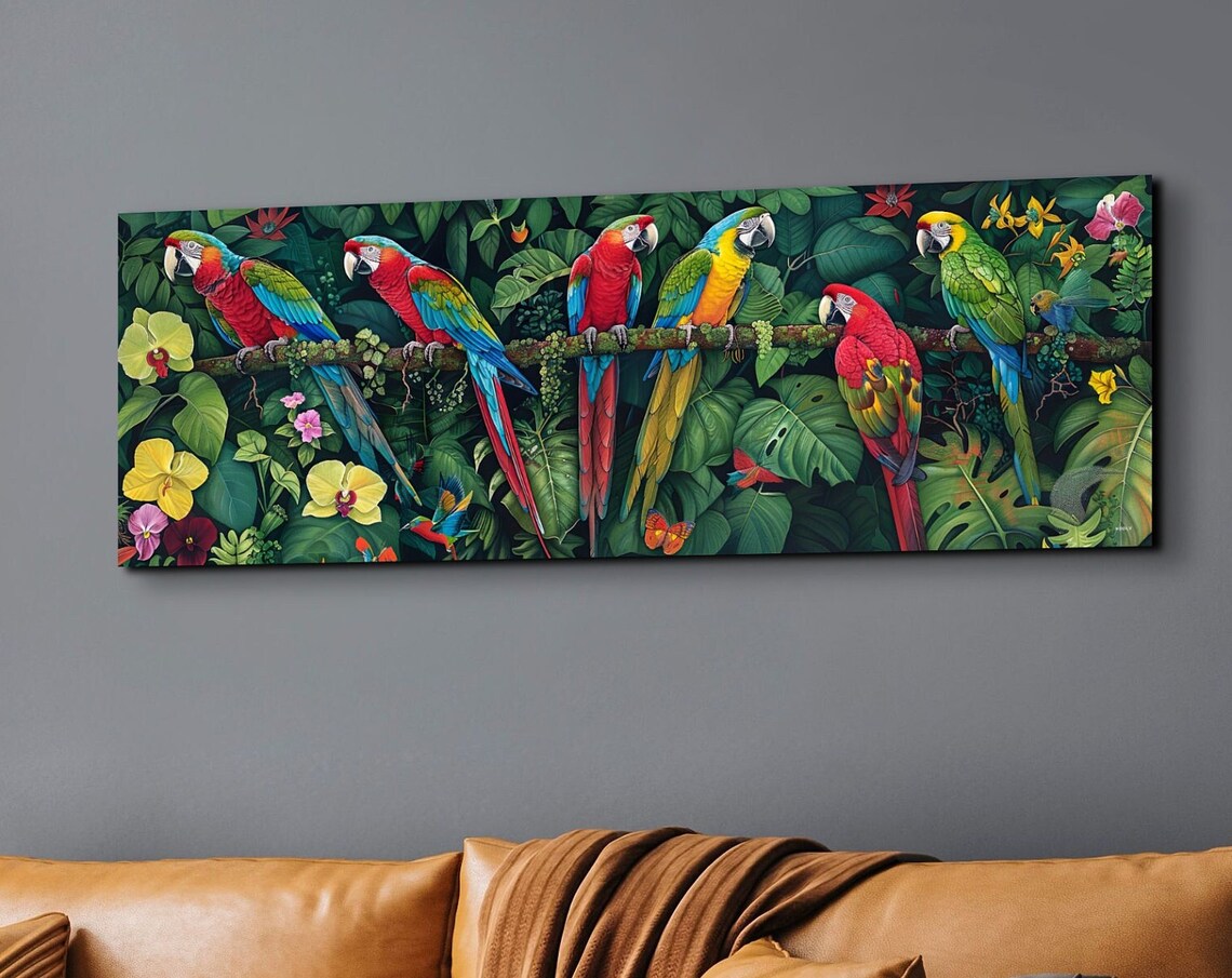 Panoramic Rainforest Scene With Parrots Art Print
