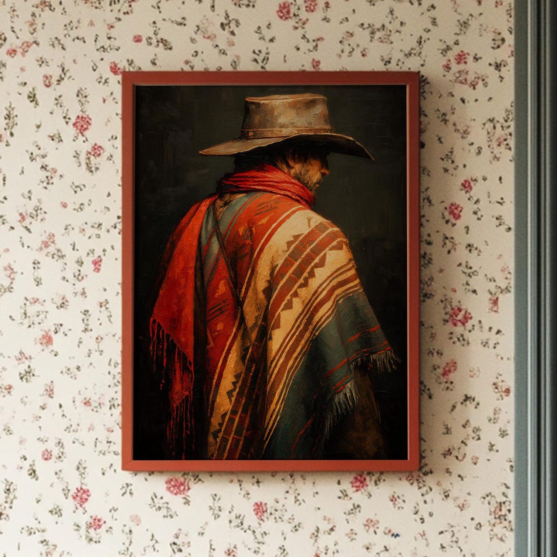 Cowboy In Red Serape Poster, Vintage Western Oil Painting Style Art