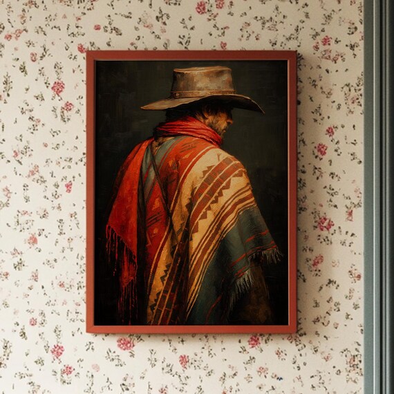 Cowboy In Red Serape Poster, Vintage Western Oil Painting Style Art