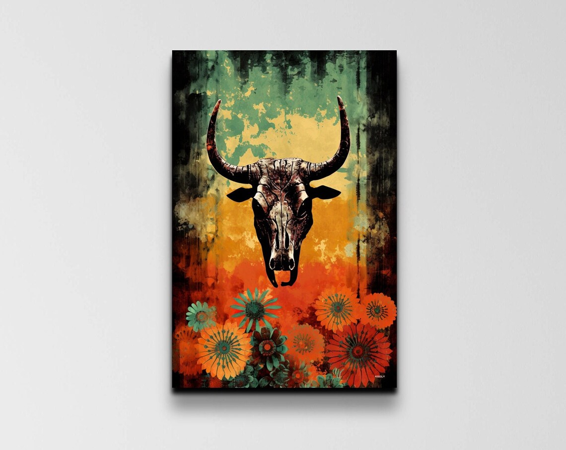 Longhorn Skull Floral Art Teal Orange Southwest Western Poster