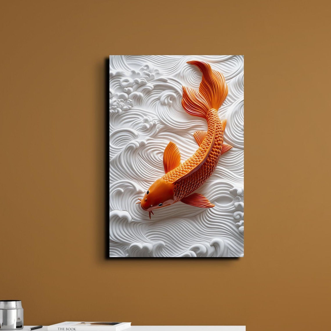 Orange Koi Fish Swimming White Wave Relief 3D Art Effect Poster