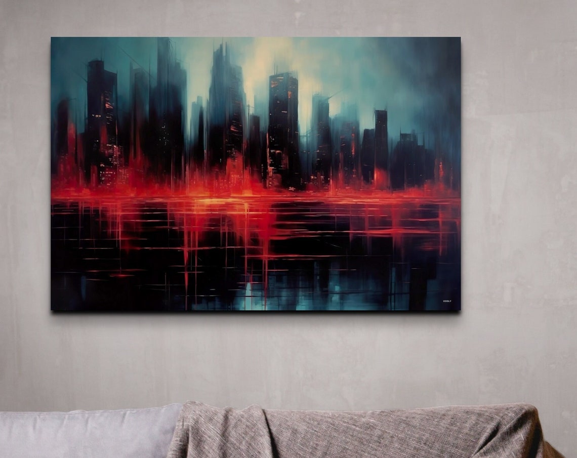 Abstract City Skyline At Night In Red And Teal Oil Style Poster