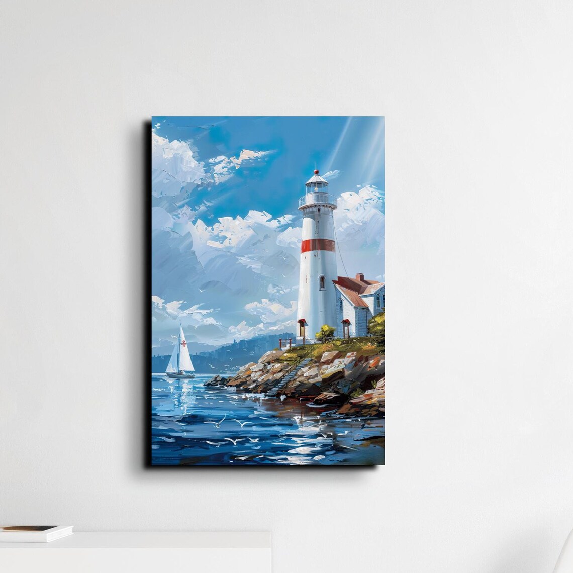 White Lighthouse With Red Band Rocky Shore Ocean Painting Poster