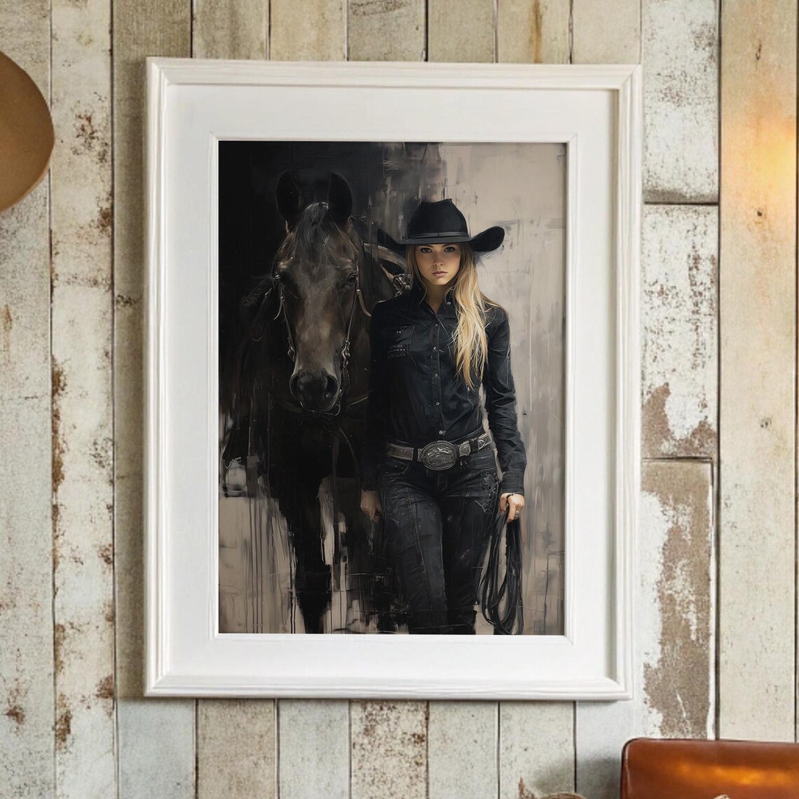 Cowgirl in Black with Her Horse Moody Western Portrait Poster