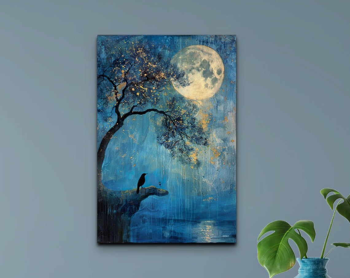 Moon At Night With Crow, Lone Tree Art Print