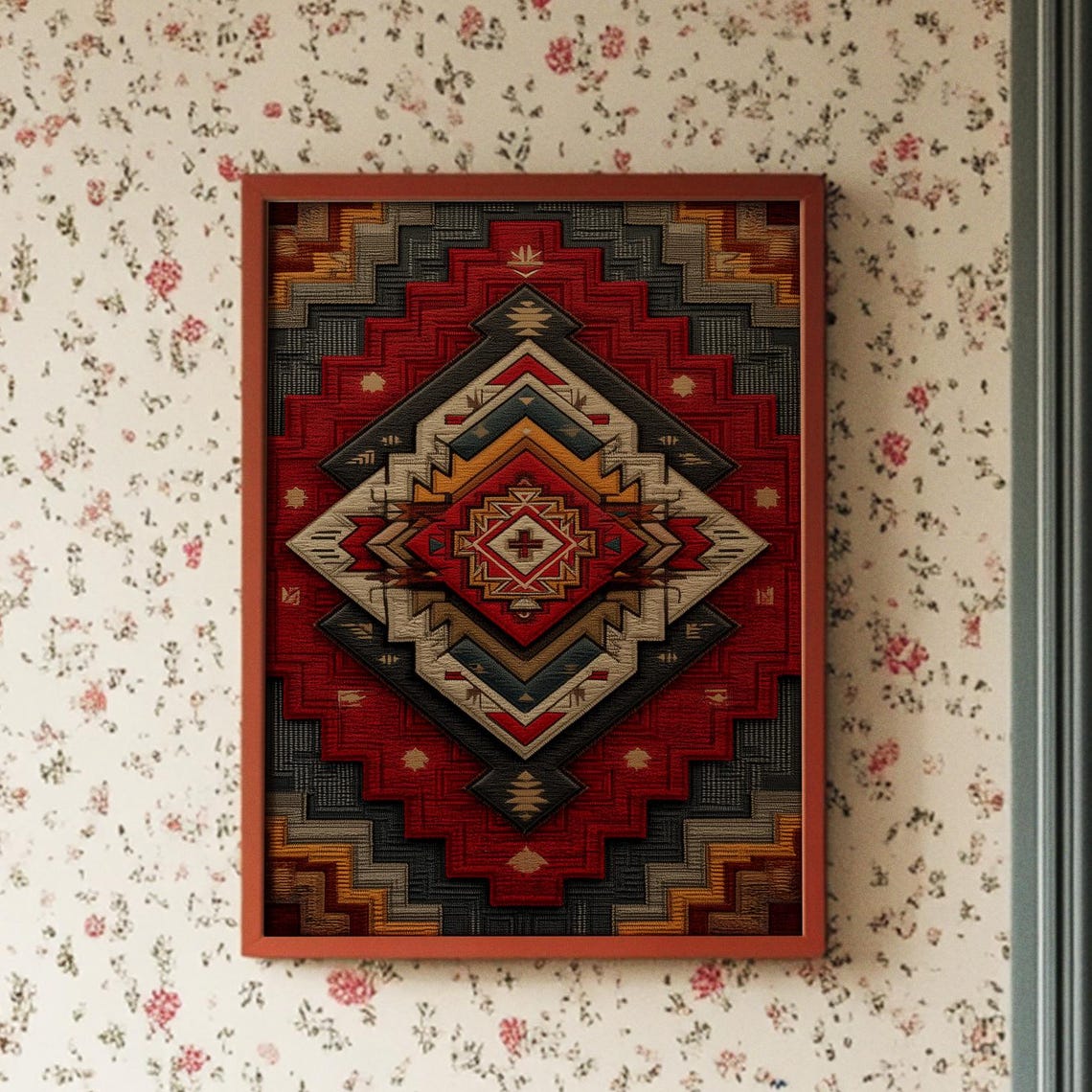 Bold Red Tribal Geometric Diamond Pattern Southwestern Wall Art