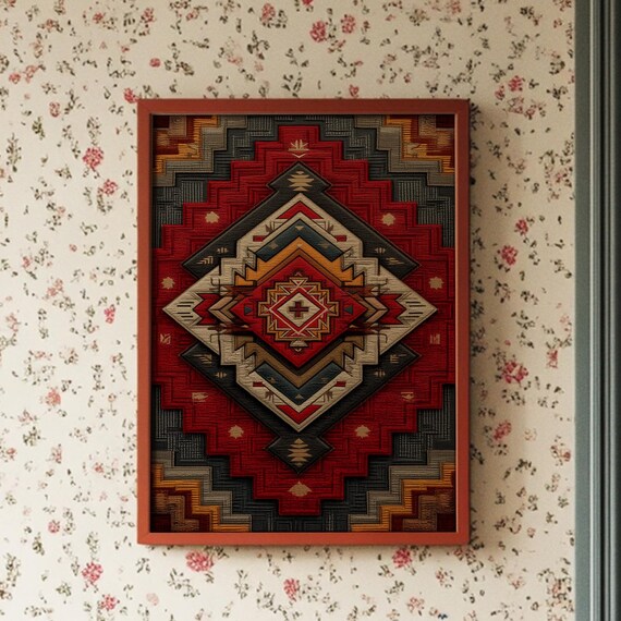 Bold Red Tribal Geometric Diamond Pattern Southwestern Wall Art