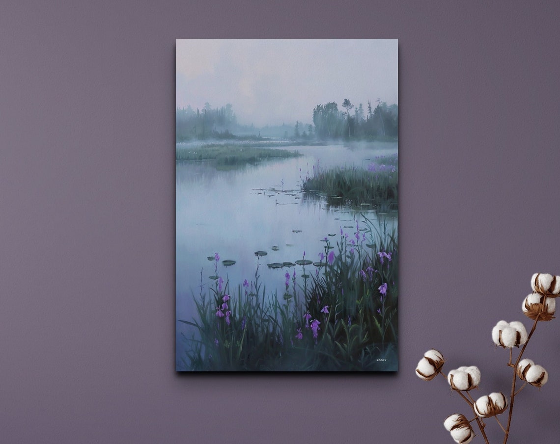 Purple Iris Blooms Beside Foggy Still Lake Floral Art Poster