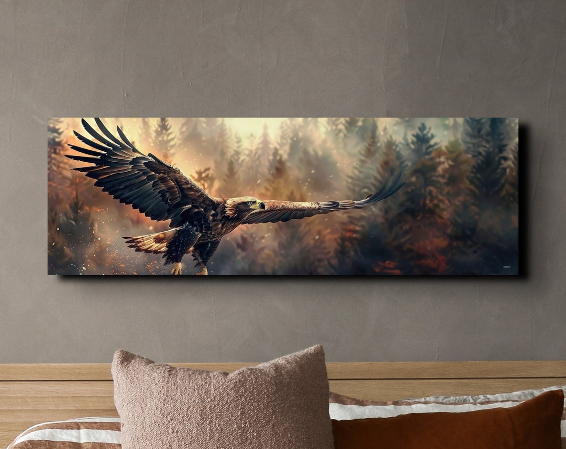 Majestic Golden Eagle Soaring Over a Misty Autumn Forest Poster