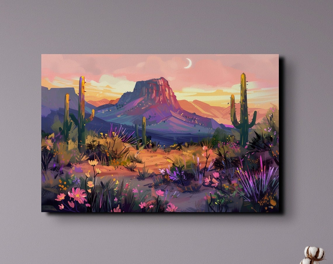 Desert Mesa at Sunset Crescent Moon Wildflower Field Art Poster