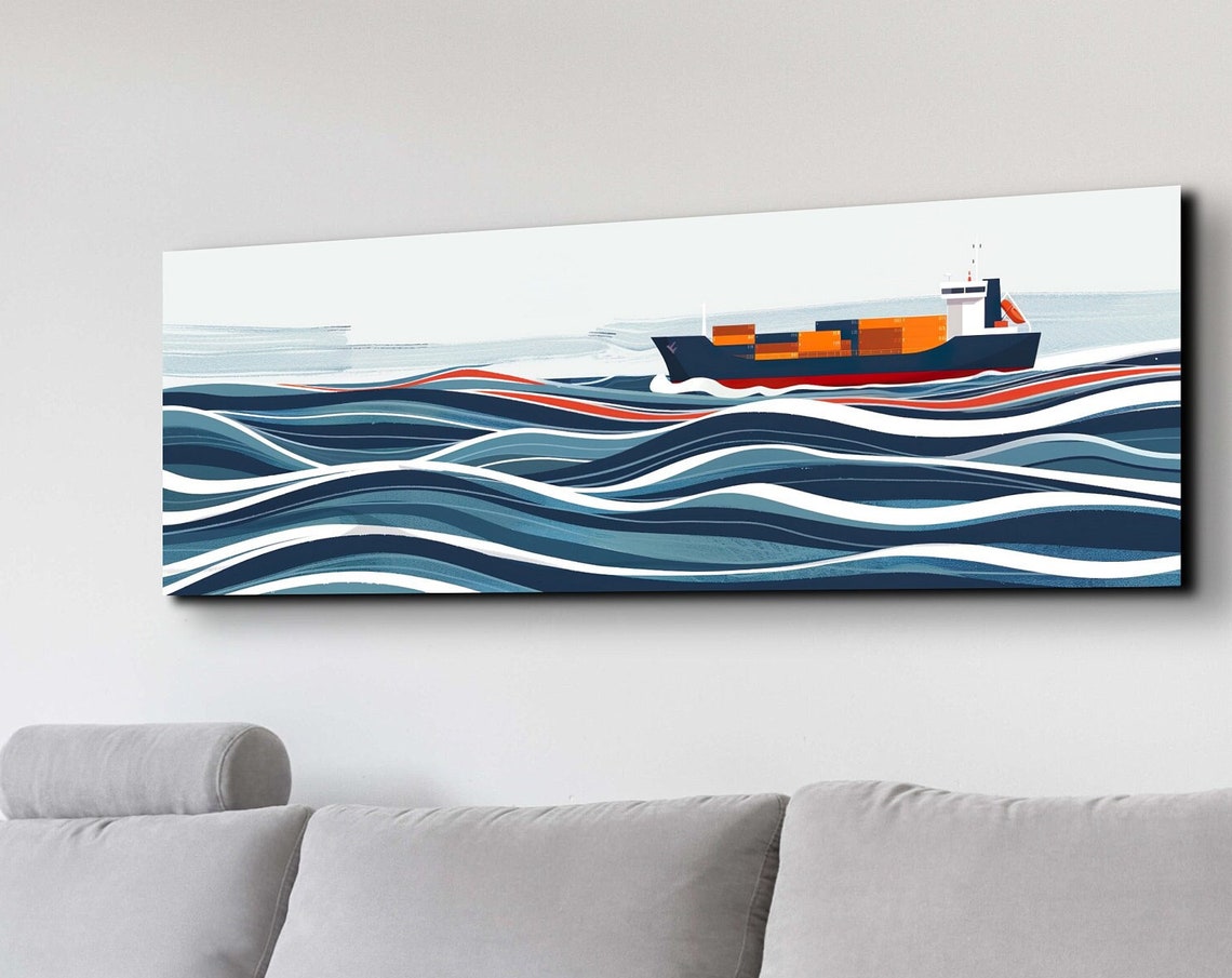 Bold Navy Cargo Ship Sailing Stylized Blue Waves Panoramic Poster